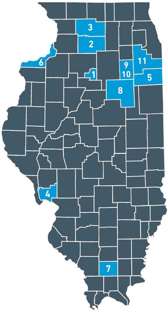 1) Marquis Industrial Park • Hennepin  2) Dual Rail Mega Site • Rochelle  3) Global Trade Park South • Rockford  4) Mid-America International Gateway Business Park • Jerseyville  5) Business Park • Manteno  6) I-88 Site • East Moline  7) Franks Industrial Park • Marion  8) Megasite 55 • Dwight  9) NRG/Old Collins • Morris  10) Inland Rail Park • Coal City  11) CSX Rail Line • Crete