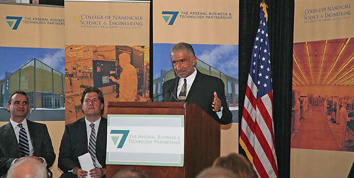 Cleveland Polymer is establishing its headquarters at the Watervliet Arsenal. Pictured from left are Panos Angelopoulos, president of Cleveland Polymer Technologies; Peter Gannon, president of the Arsenal Business and Technology Partnership and Dr. Alain Kaloyeros, senior vice president and CEO of the College of Nanoscale Science and Engineering.