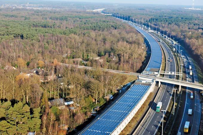 Solar panels cover the roof of the high-speed train tunnel near Antwerp.