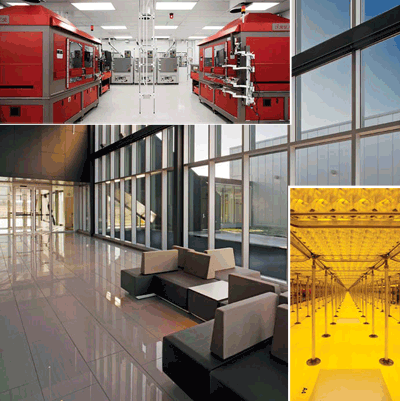 The C2MI (MiQro Innovation Collaborative Centre) research facility in the Bromont Science Park east of Montreal is where partners IBM, Teledyne DALSA Semiconductor and the University of Sherbrooke will work on developing future products for high-tech markets. The center features the very latest clean room (right photo inset) and development laboratory (top photo inset) equipment.