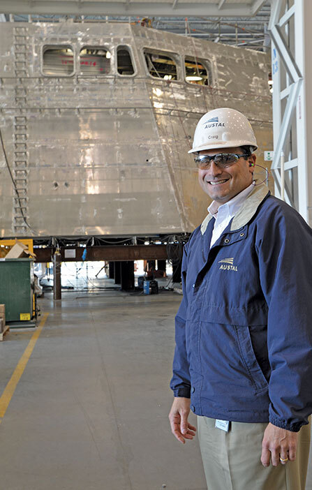 Austal USA in Jan. 2012 launched the second 127-meter Independence-Variant Littoral Combat Ship, “Coronado” (LCS 4). Austal USA President Craig Perciavalle (inset) calls his operation’s products “the coolest ships on the planet.” AIDT’S Maritime Training Center adjacent to Austal’s property has helped make them that way.