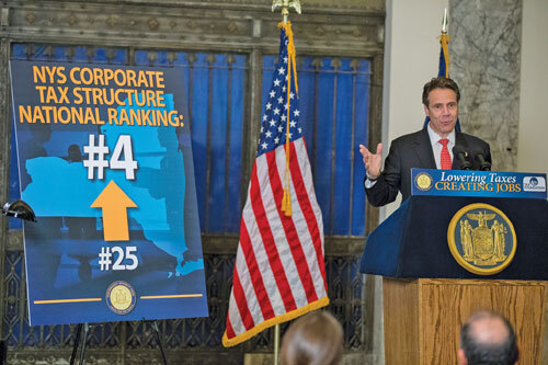 Gov. Andrew M. Cuomo speaks in October at the Museum of American Finance in New York City, where he received an award from the Tax Foundation given to New York State for its commitment to expanding the corporate tax base and reducing the income tax rate to its lowest level since 1968.