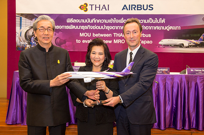 An agreement to evaluate the development of a major new maintenance and overhaul (MRO) facility at U-Tapao International Airport near Bangkok was signed in March by Usanee Sangsingkeo, Acting President, Thai Airways International and Fabrice Brégier, President, Airbus Commercial Aircraft; and witnessed by Somkid Jatusripitak, Deputy Prime Minister of the Kingdom of Thailand.