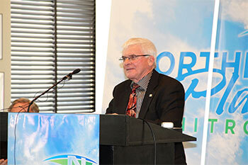 Northern Plains Nitrogen COO Larry Mackie speaks at the NPN announcement in Grand Forks in May.