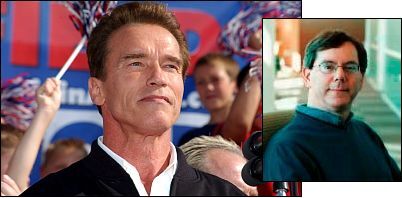 Schwarzenegger (left) and Genentech CEO Arthur Levinson
