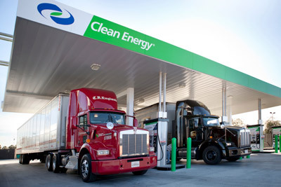 Clean Energy is partnering with truck maker Navistar and gas producer Chesapeake to roll out natural gas fueling infrastructure in select locations, such as this LNG fueling station in Las Vegas.