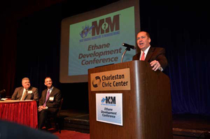 West Virginia Gov. Earl Ray Tomblin speaks at an ethane development conference. Tomblin said his state will benefit from the Shell project even though it’s in a neighboring state. His team continues to pursue other major petrochemical complex projects said to be considering Appalachian locations.