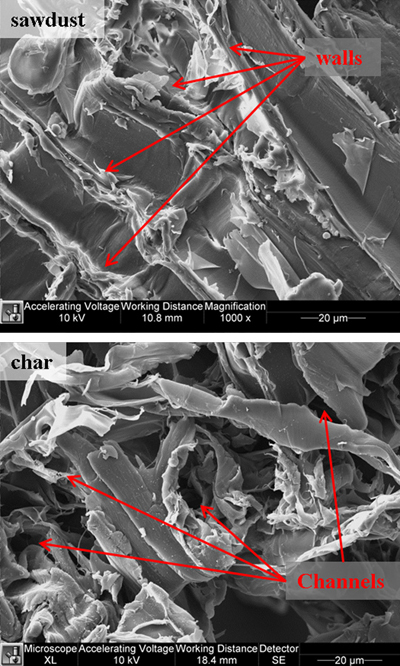 SEM images show pinewood sawdust (top) and char (below) using a Philips XL40 FESEM at 1,000 times magnification. The sawdust contains smooth surfaces divided by parallel walls. In contrast to the sawdust, the char surface appears rough because of randomly oriented fibers that exhibit significant wrinkling. Numerous wide tunnels protruding into the char particles are observed. These tunnels provide pathways for transport of CO2 into the particle. 