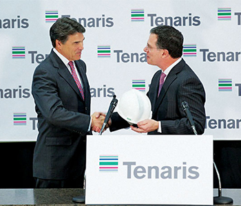 Tenaris in February 2013 announced a $1.3-billion seamless pipe mill for Bay City, Texas, in Matagorda County, creating 600 jobs. Gov. Rick Perry greets Tenaris North America President Germán Curá at the announcement.