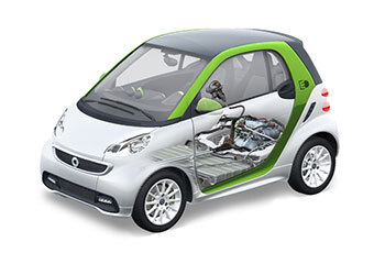 An electric powertrain with lithium-ion battery by Deutsche ACCUmotive powers Daimler's smart fortwo electric drive vehicle.